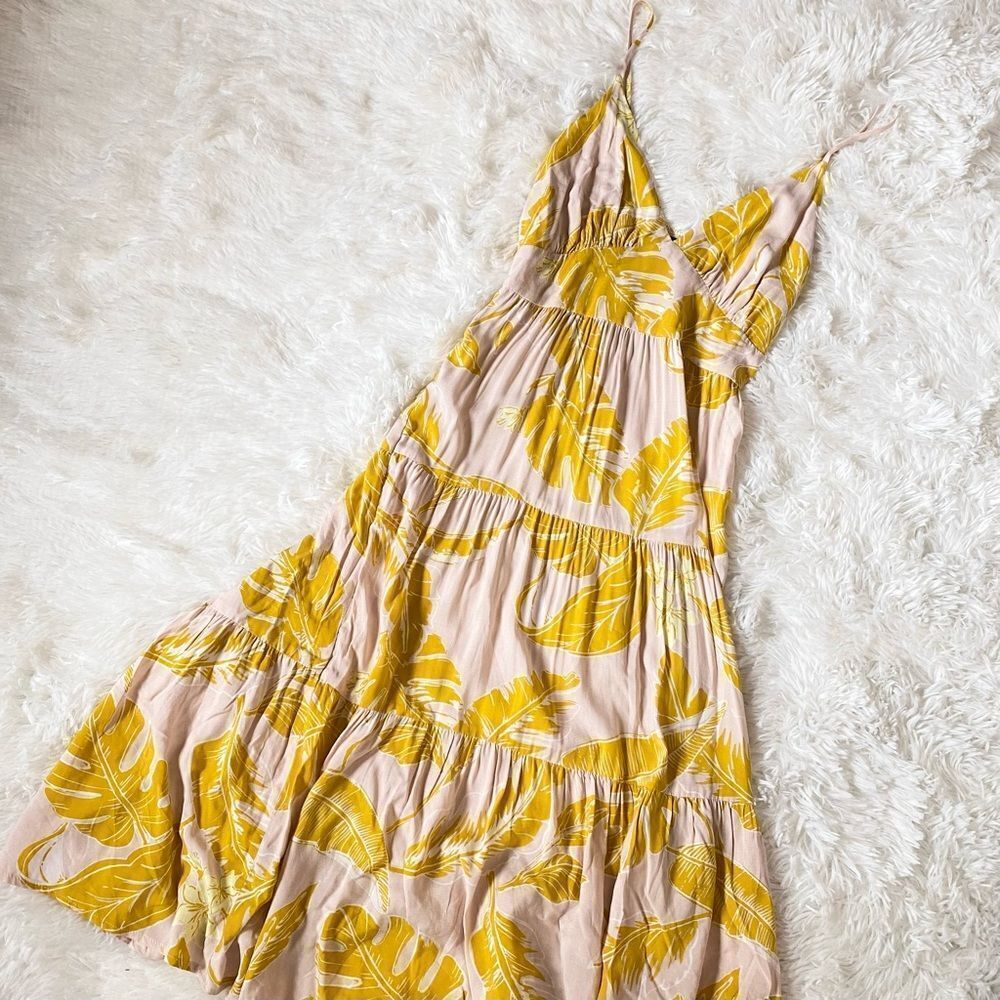 Yellow Leaf Print V-Neck Maxi Dress